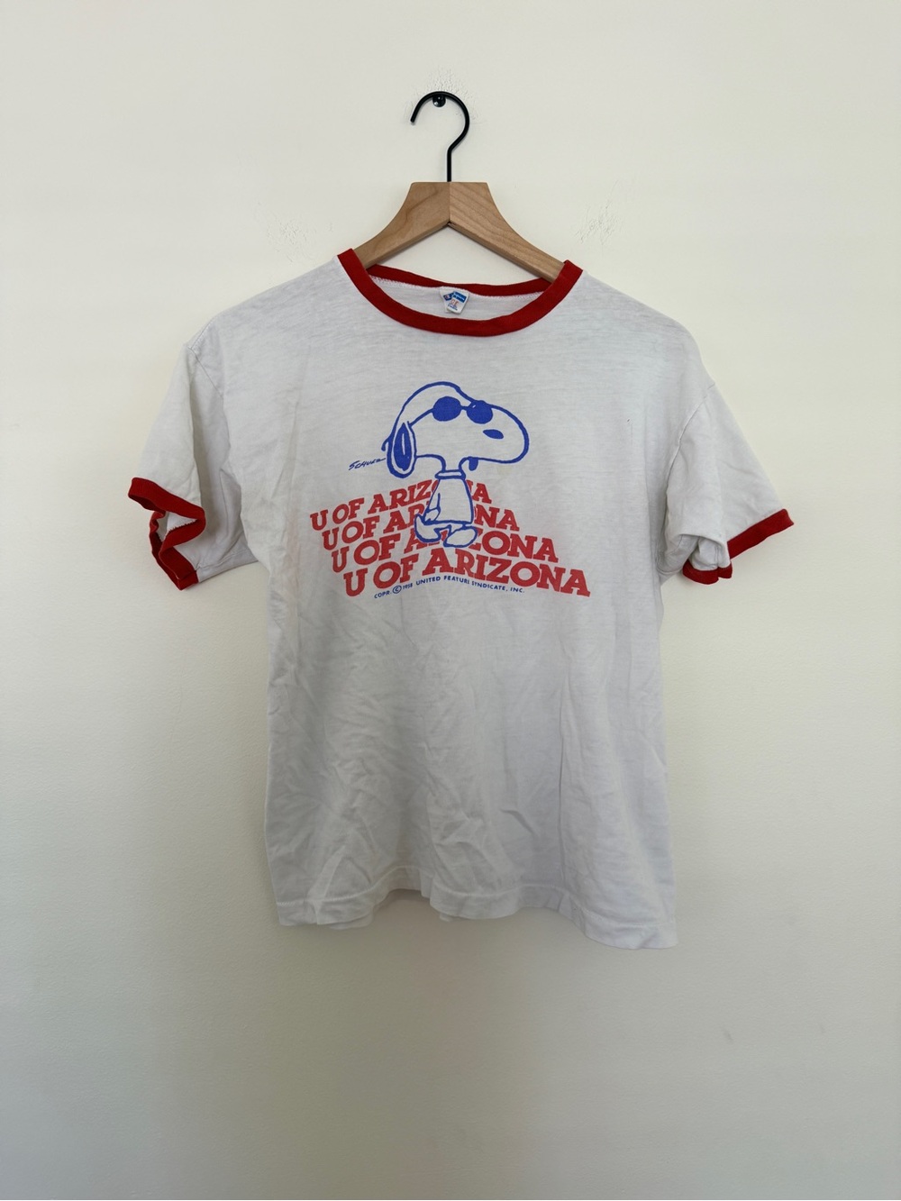 Vintage U of Arizona Snoopy Ringer Tee - White with Red Trim